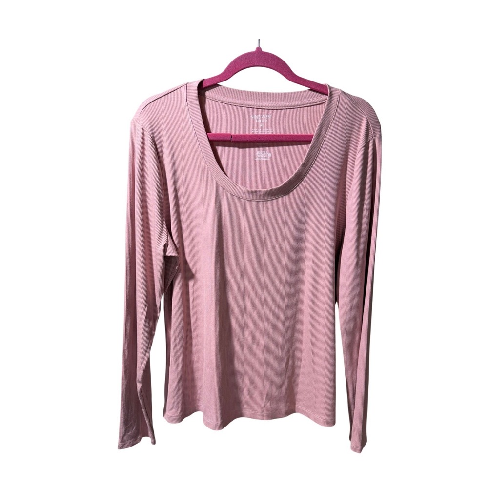 Nine West Soft Spun Ribbed Pink Long Sleeve Scoop Neck Top XL Office Casual Cozy